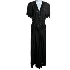vintage Fabrice New York Couture Black silk beaded wrap top & wide leg pants y2k